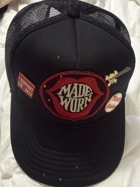 MadeWorn Black Trucker Hat with Red Lip Patch and Pins